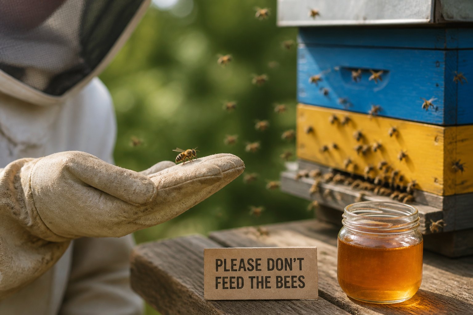 A beekeeper holding a honeybee near a beehive with a jar of honey nearby outdoors.