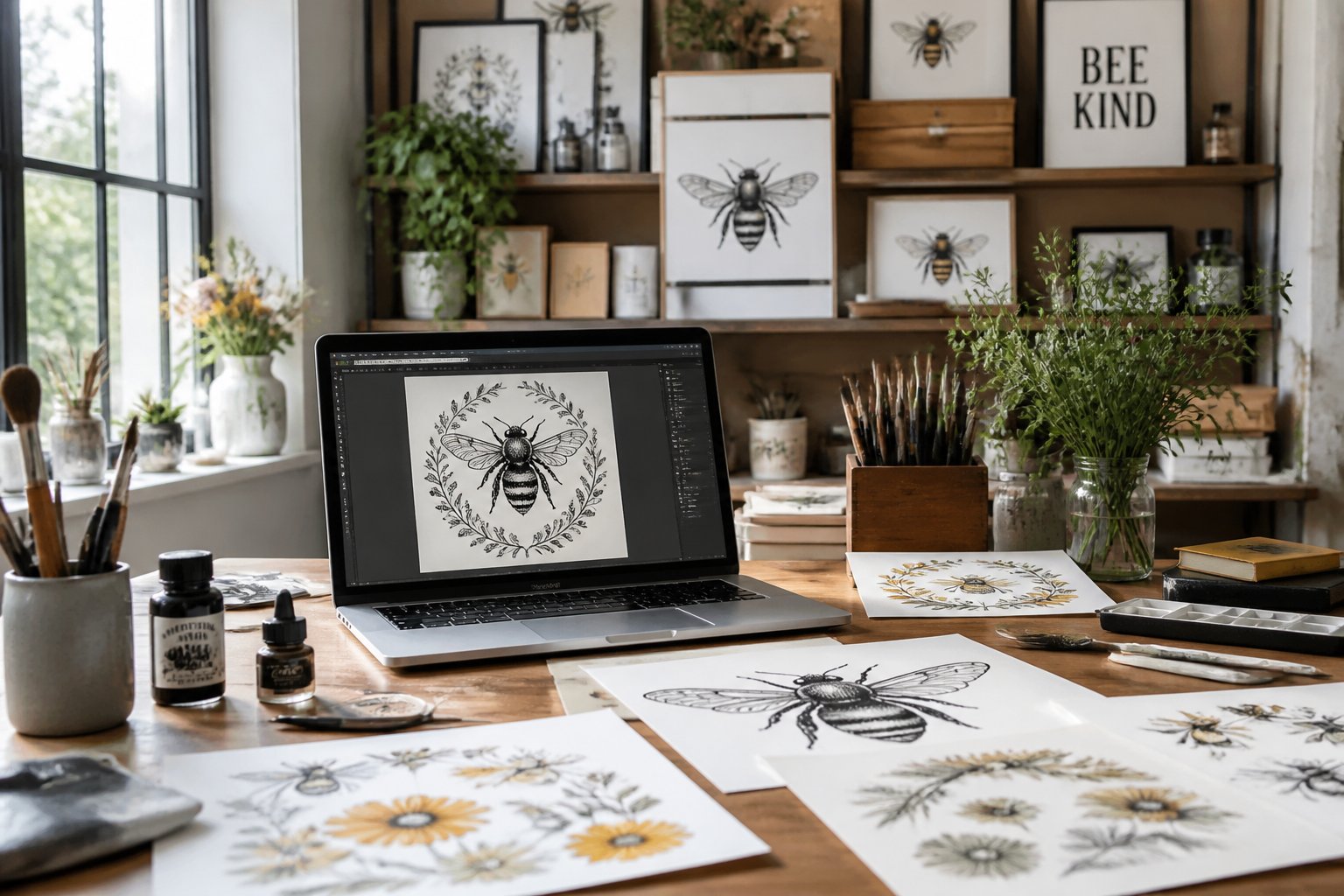 A bright creative workspace with art supplies, bee illustrations, and digital designs focused on bee-themed prints.