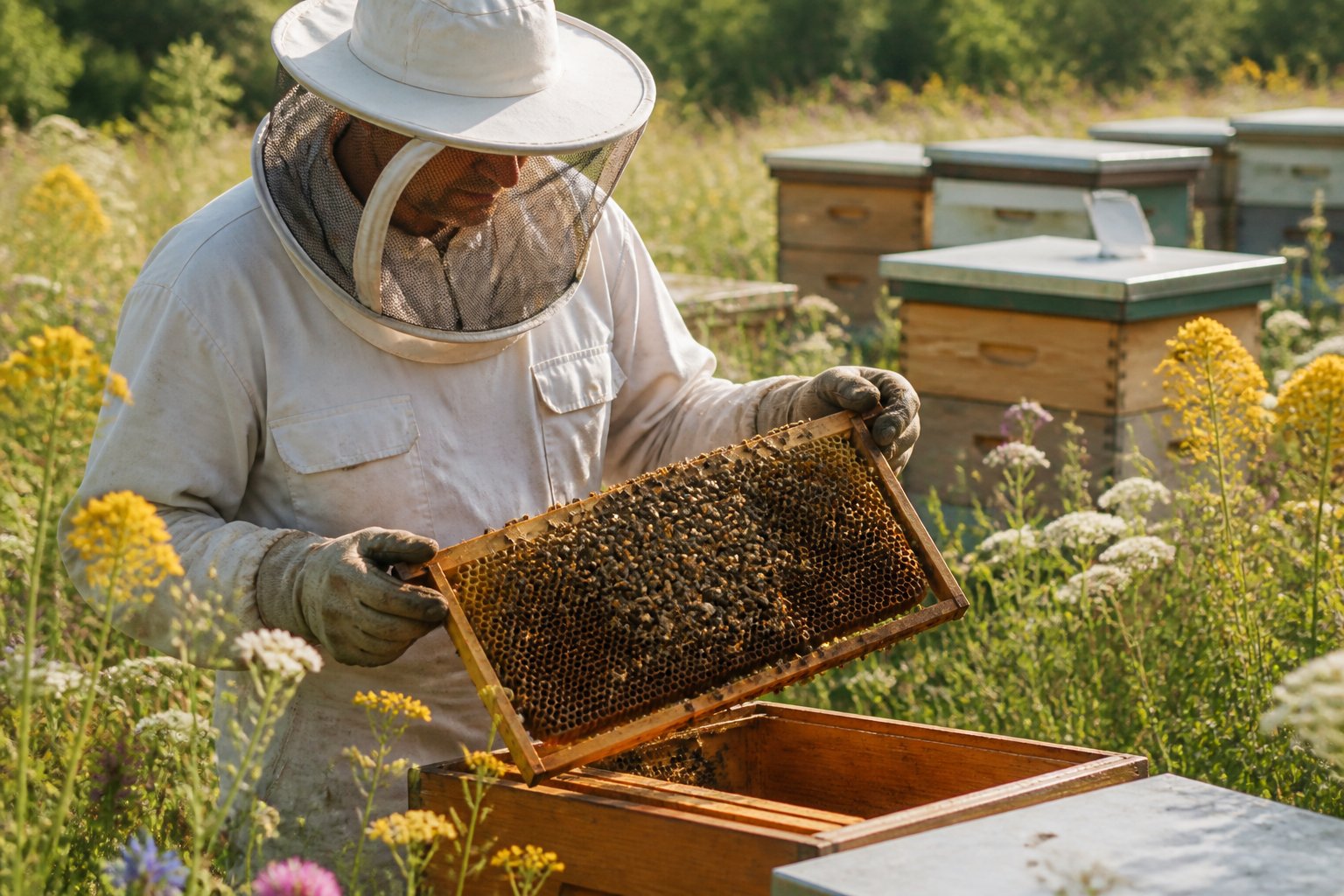 A beekeeper in protective gear carefully handling a honeycomb frame covered with bees in a sunlit meadow with flowering plants and multiple beehives in the background.
