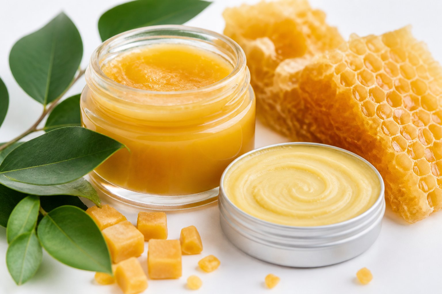 Close-up of beeswax, honeycomb, green leaves, and skincare balm on a white surface.
