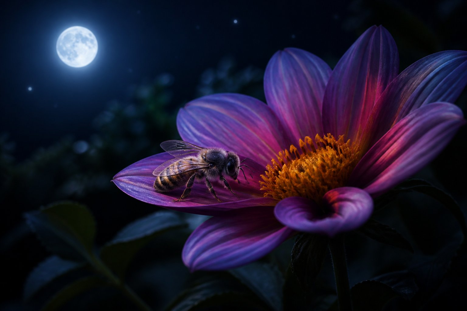 A bee resting on a flower petal at night under soft moonlight with a dark natural background.