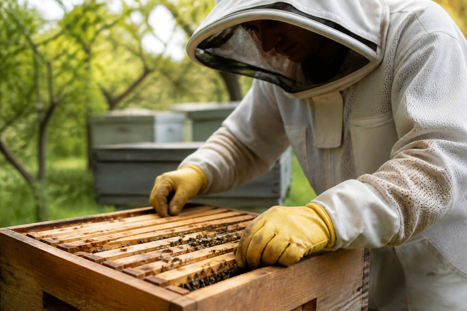 A beekeeper inspecting a wooden beehive outdoors with bees flying around.