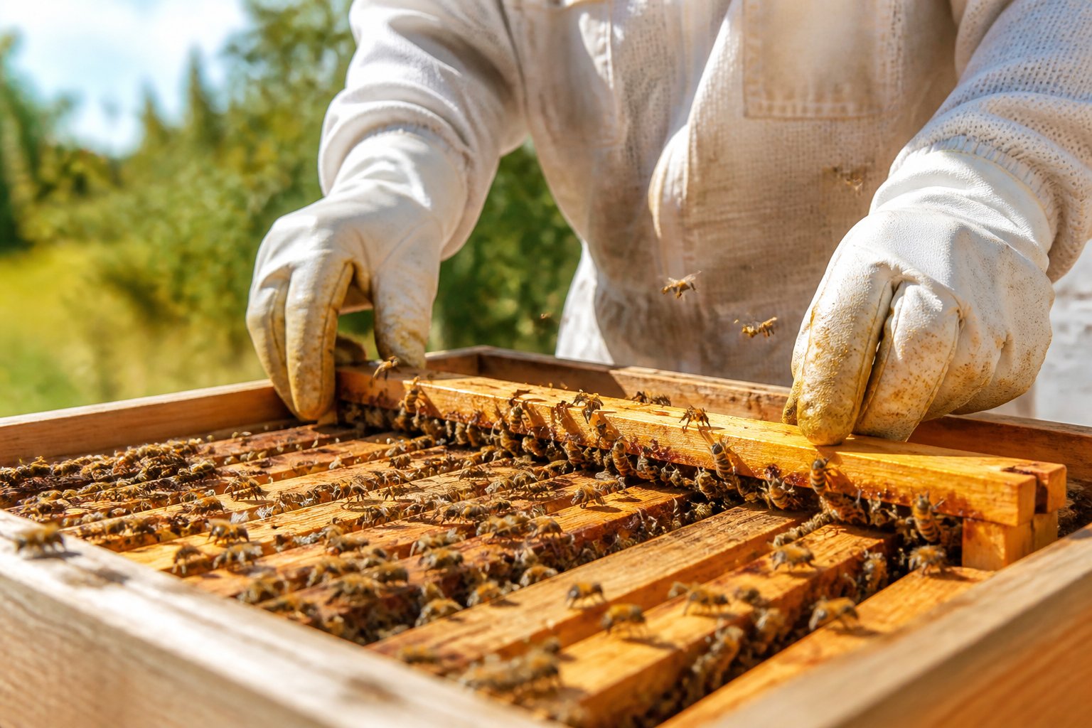 A beekeeper's hands handling wooden hive boards with bees crawling on them in an outdoor apiary.