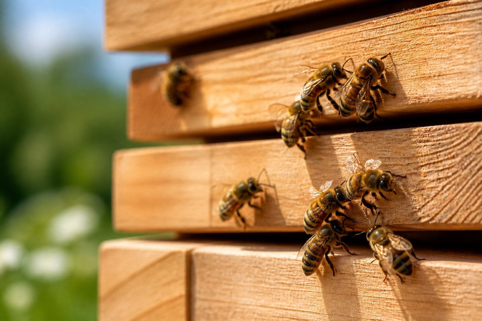 Close-up of bees resting on and around natural wooden boards with soft lighting.