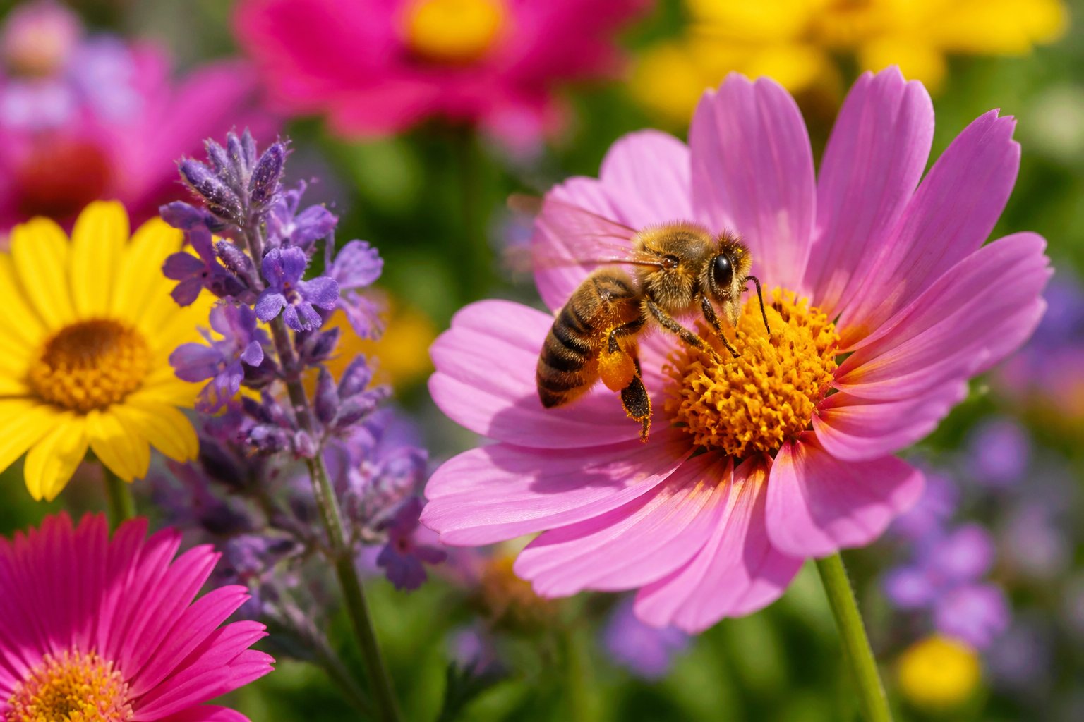 A close-up of a bee pollinating a colorful flower in a sunlit garden.