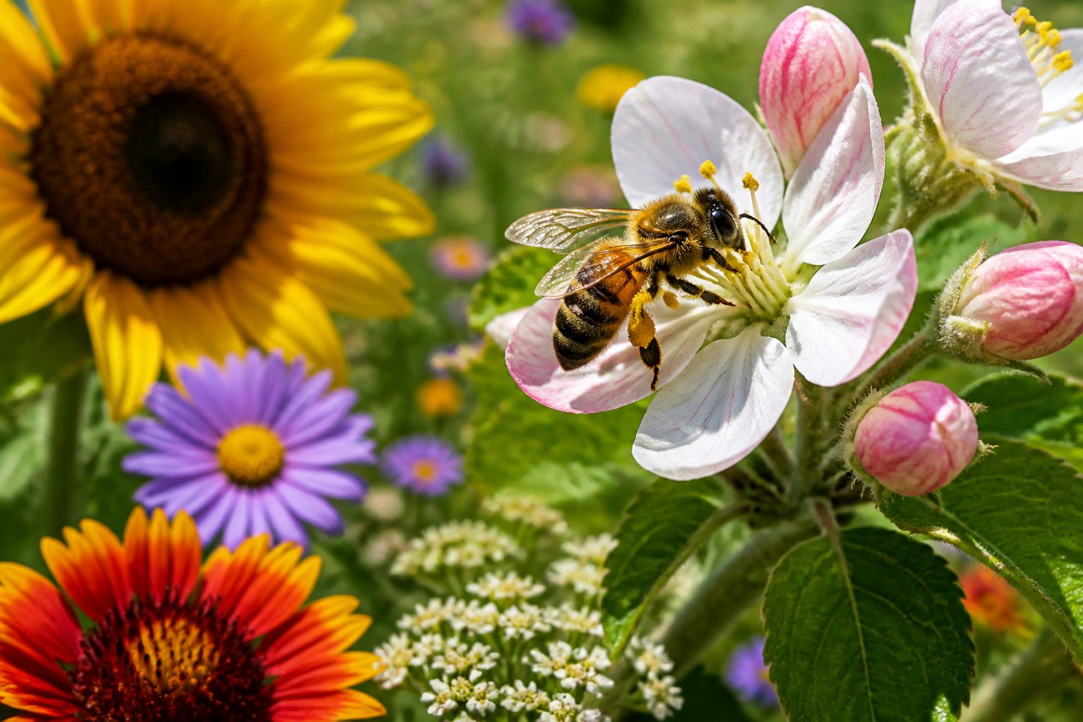 A honeybee collecting pollen from colorful flowers in a green garden.