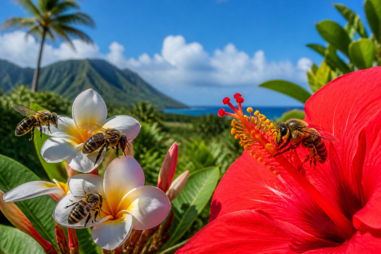 Close-up of bees pollinating tropical flowers on a lush Hawaiian island with green foliage and mountains in the background.