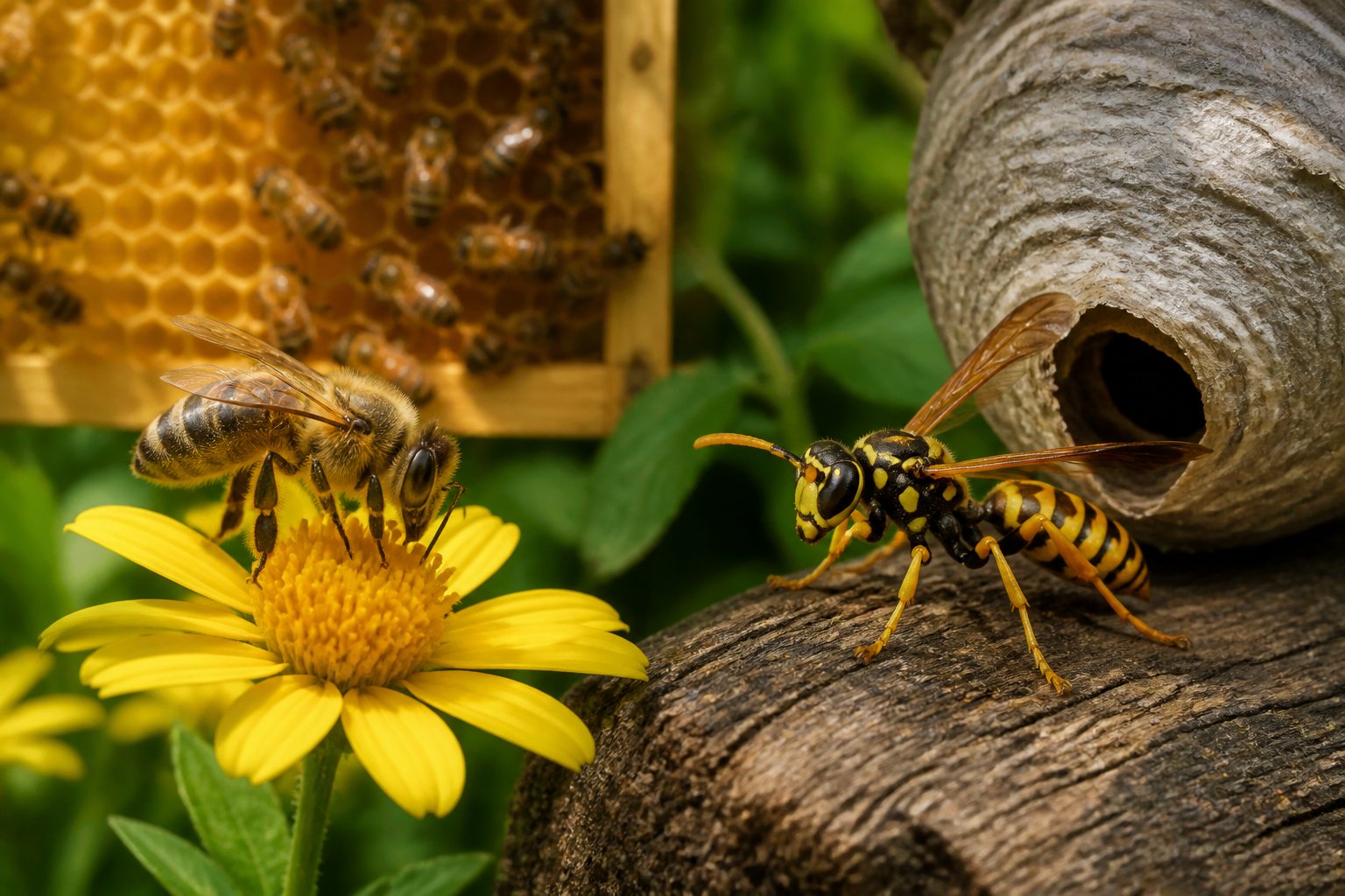 A honey bee collecting nectar from a flower near a yellow jacket wasp close to their respective nests outdoors.