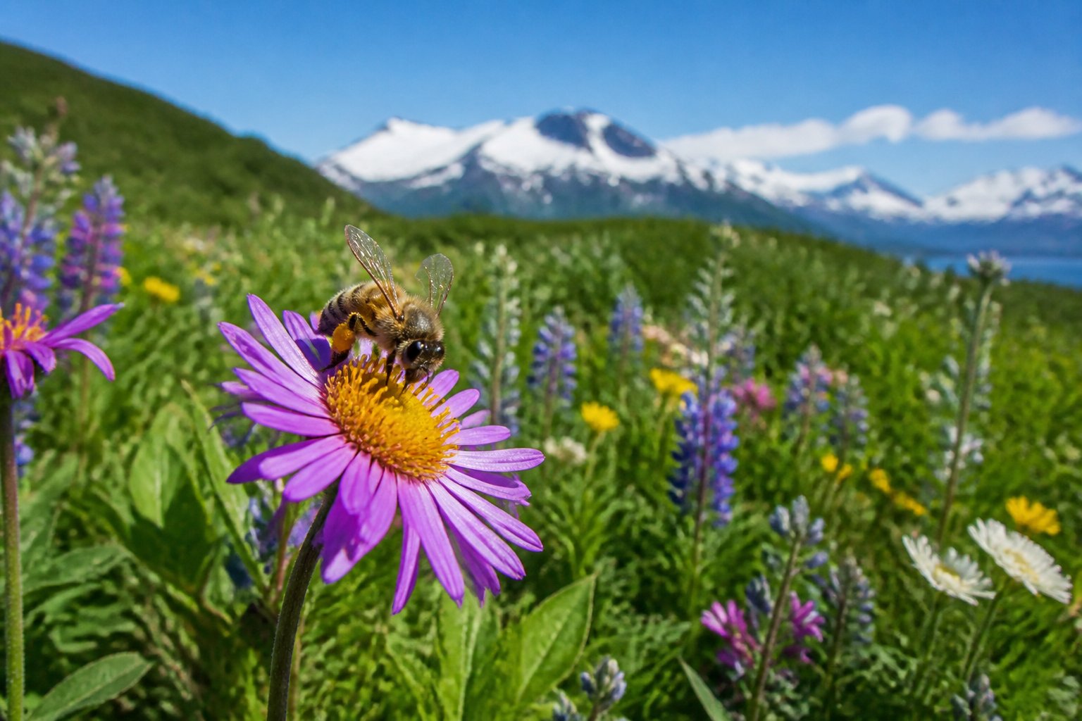 A honeybee collecting pollen from a wildflower in an Alaskan meadow with mountains in the background.