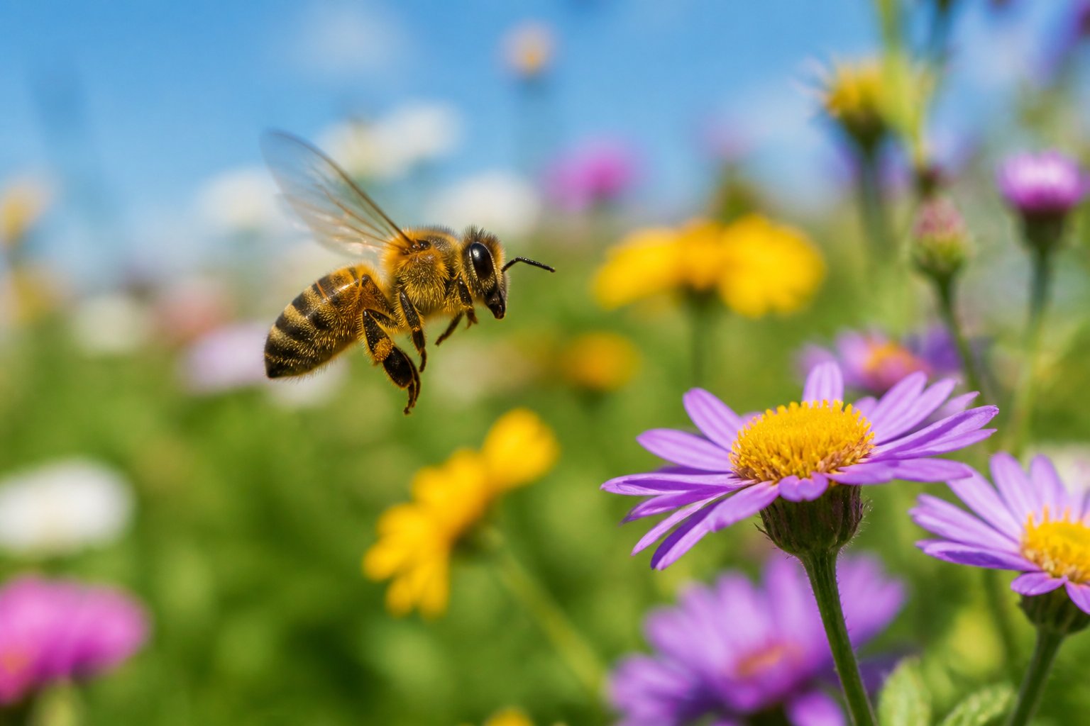 A bee flying above colorful flowers in a sunlit meadow.
