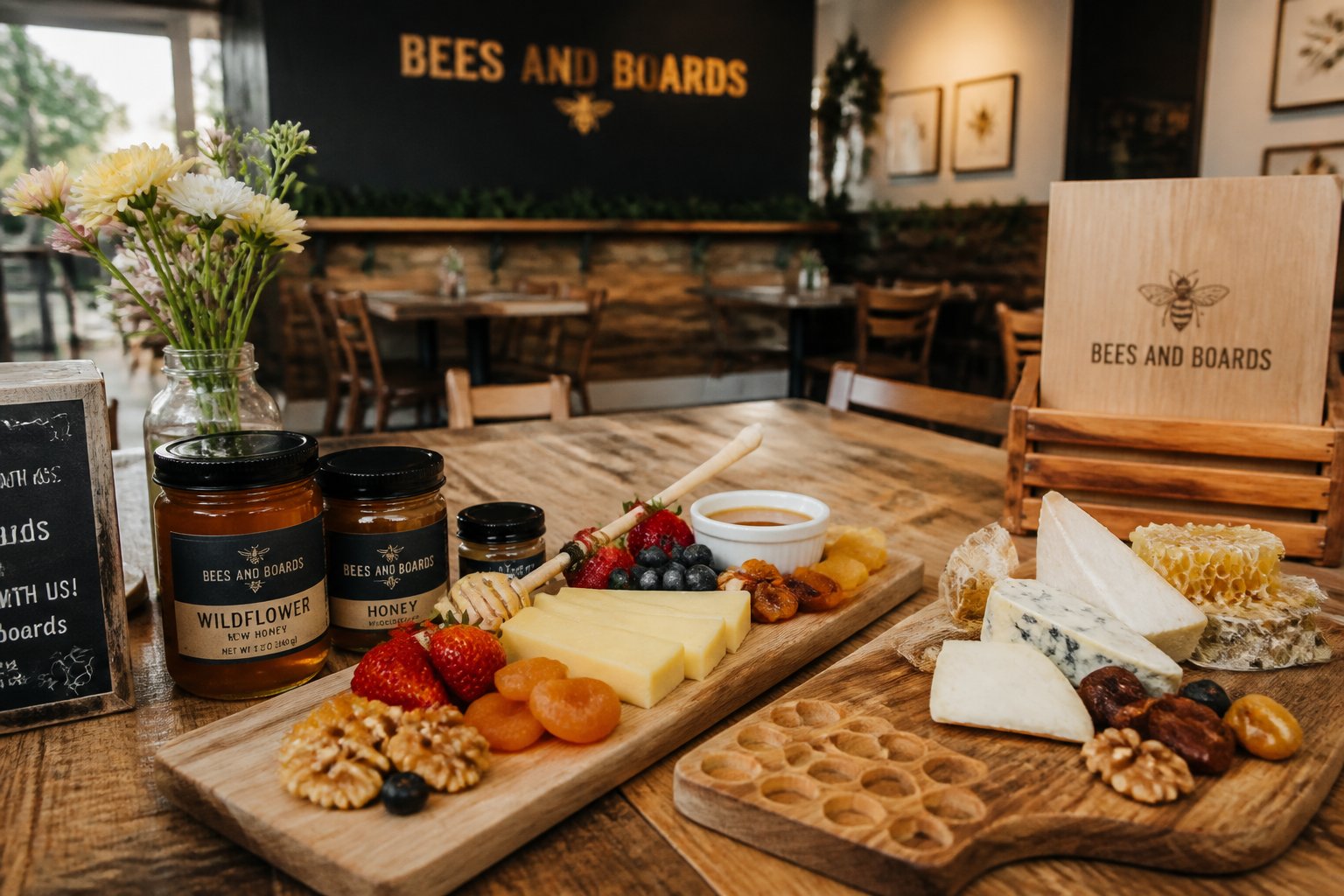 A rustic wooden table set with artisanal cheeses, fresh fruits, honey jars, and wooden serving boards in a cozy restaurant setting.