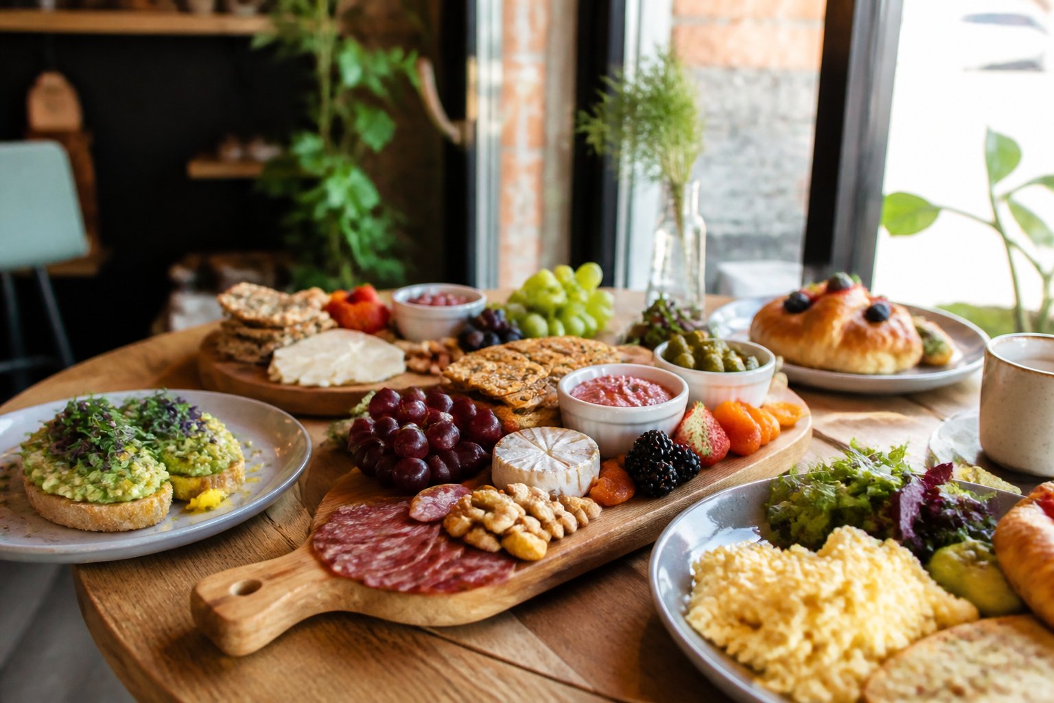 A wooden table with assorted charcuterie boards, fresh fruits, brunch dishes, and pastries in a cozy café setting.