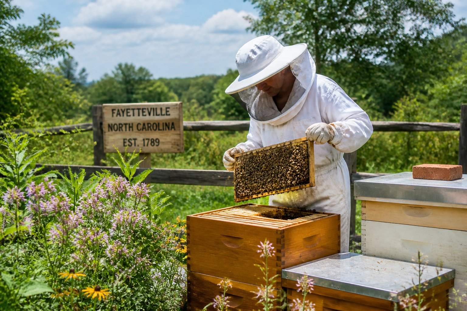 A beekeeper in protective clothing inspecting a wooden beehive outdoors with bees flying nearby and green plants in the background.