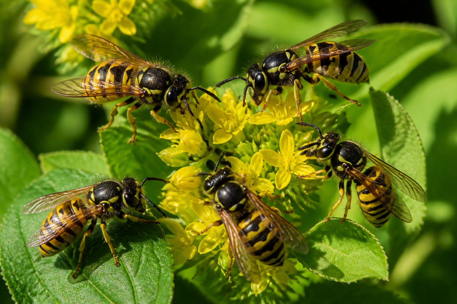 Close-up of several yellow and black striped bees on green leaves and yellow flowers outdoors.