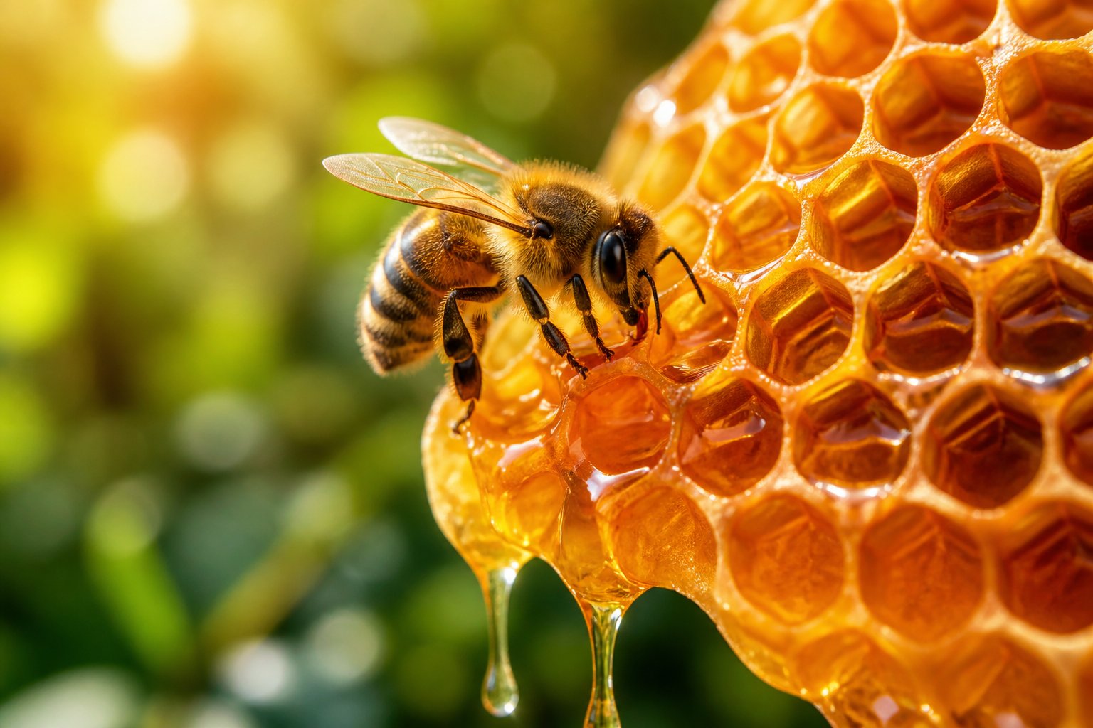 Close-up of a honeybee on a honeycomb filled with dripping honey in a sunlit natural setting.