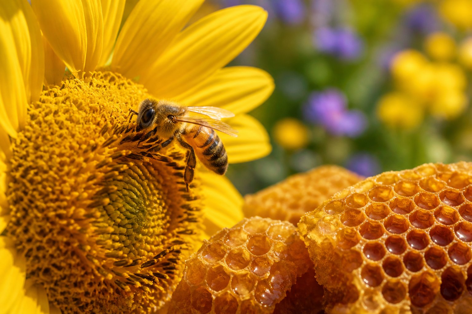 A honeybee collecting nectar on a yellow sunflower with honeycomb and green foliage in the background.