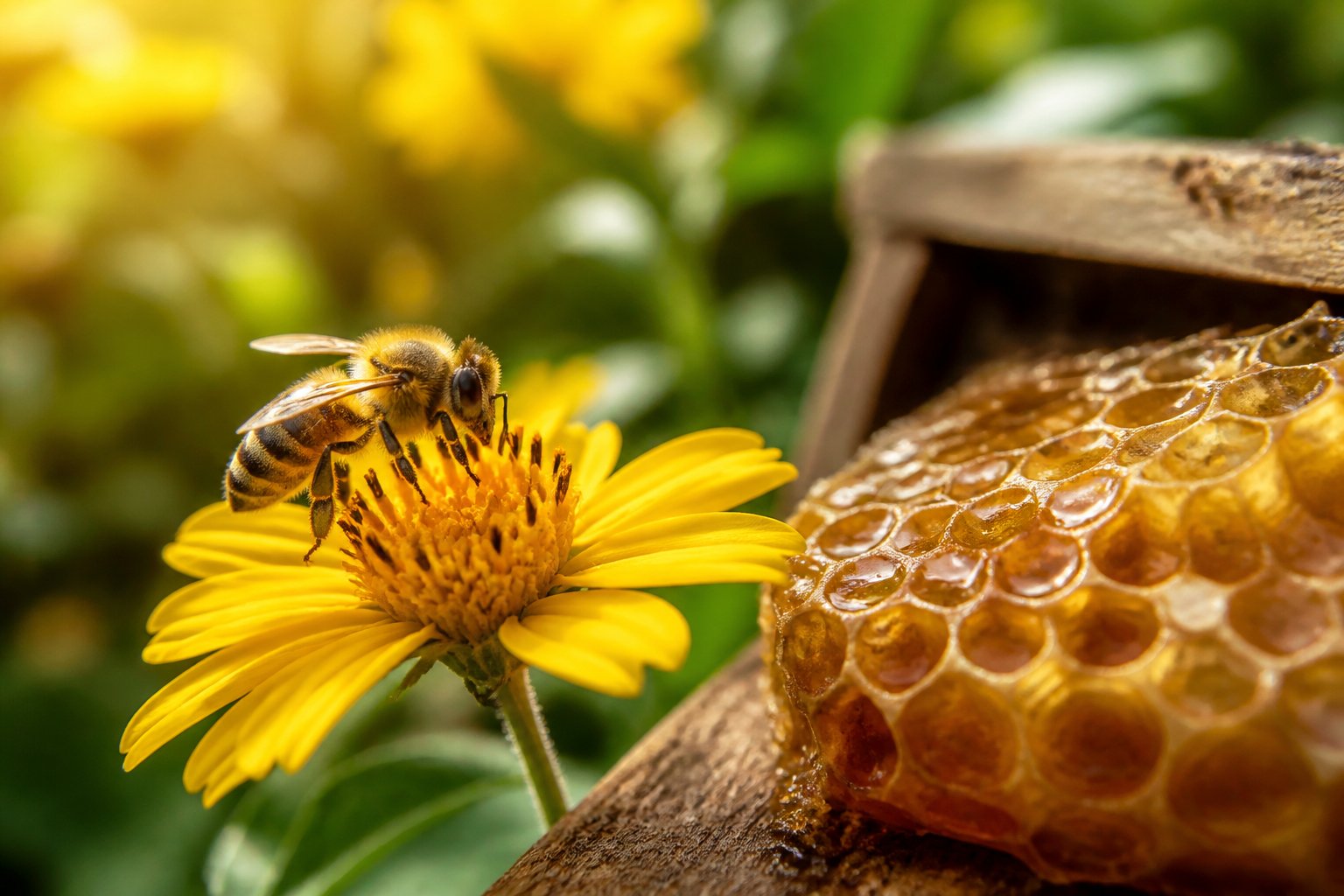 A honeybee collecting nectar from a yellow flower with a honeycomb visible nearby.