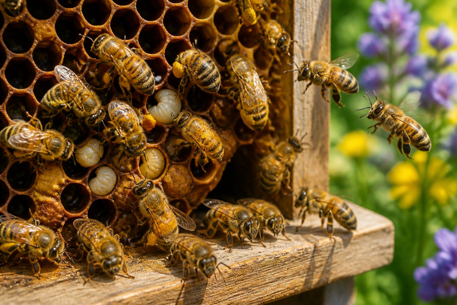 Close-up view of bees on a honeycomb inside a hive with flowers in the background.