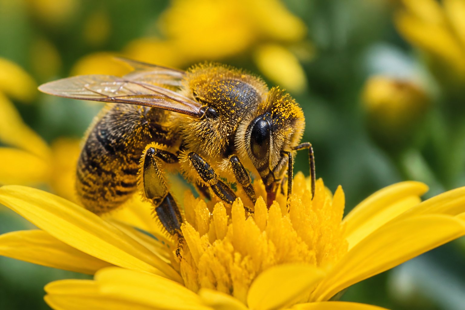 A bee covered in yellow pollen collecting pollen from a yellow flower with green foliage in the background.
