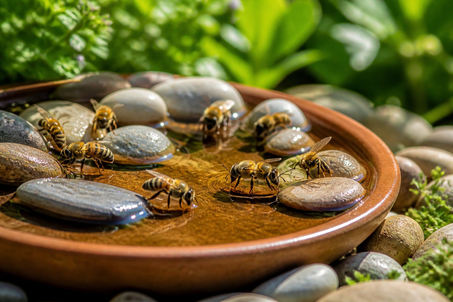 Bees drinking water from a shallow dish surrounded by small stones in a green outdoor setting.