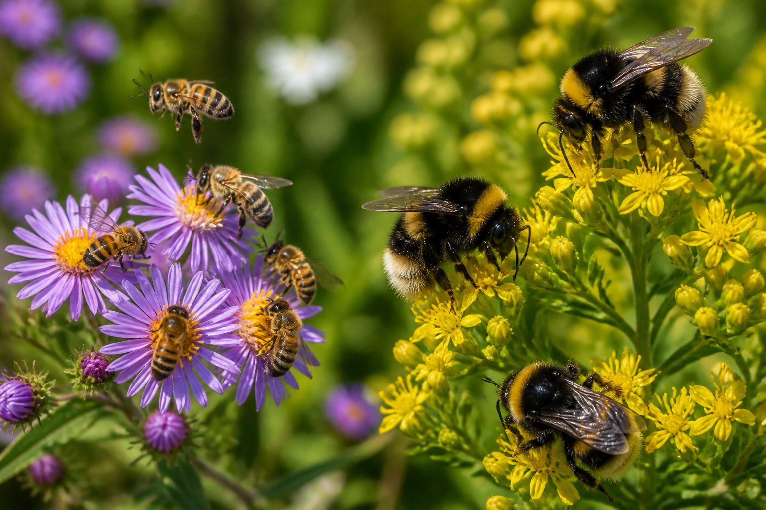 Close-up of honeybees and bumblebees on flowers in a natural setting.