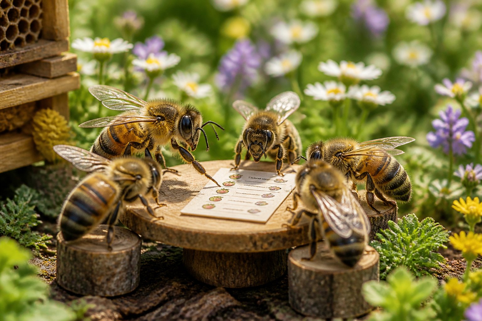 Several bees gathered around a small table outdoors, appearing to be engaged in ordering or discussing something.