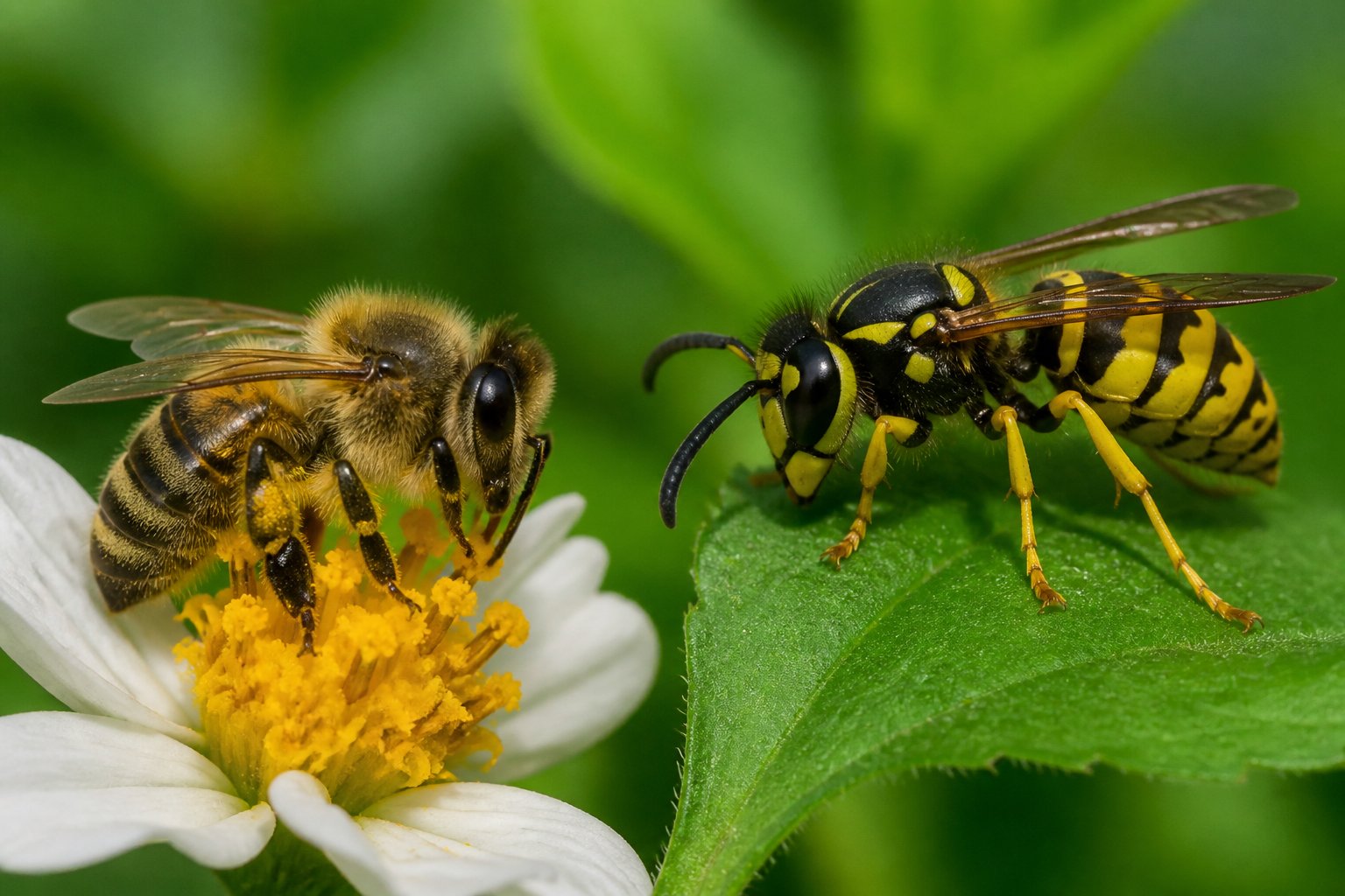 Close-up of a bee and a yellow jacket on green leaves, showing their distinct colors and body features.