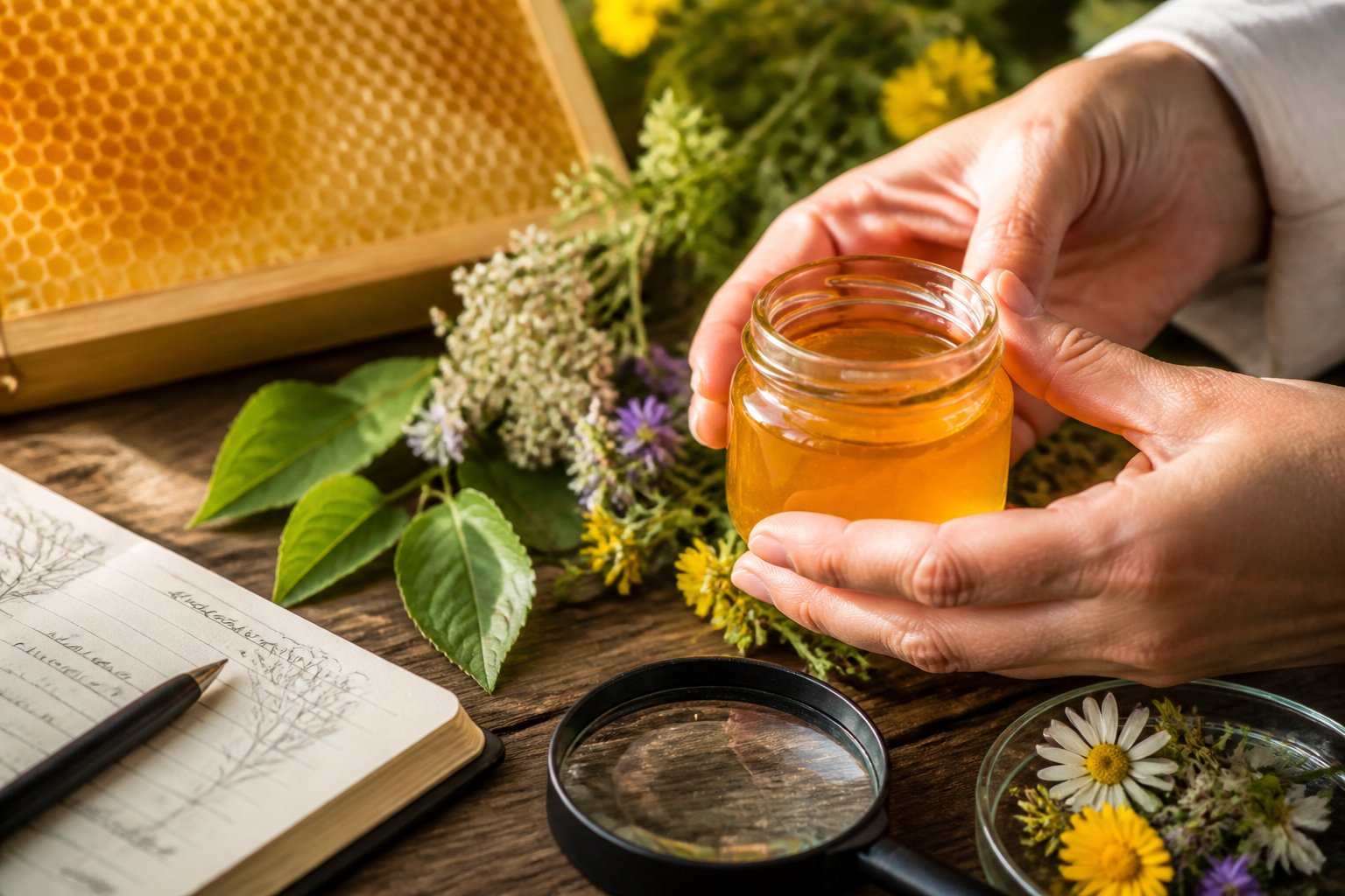 Hands holding a jar of honey with honeycomb and green leaves in the background, alongside a notebook and magnifying glass.