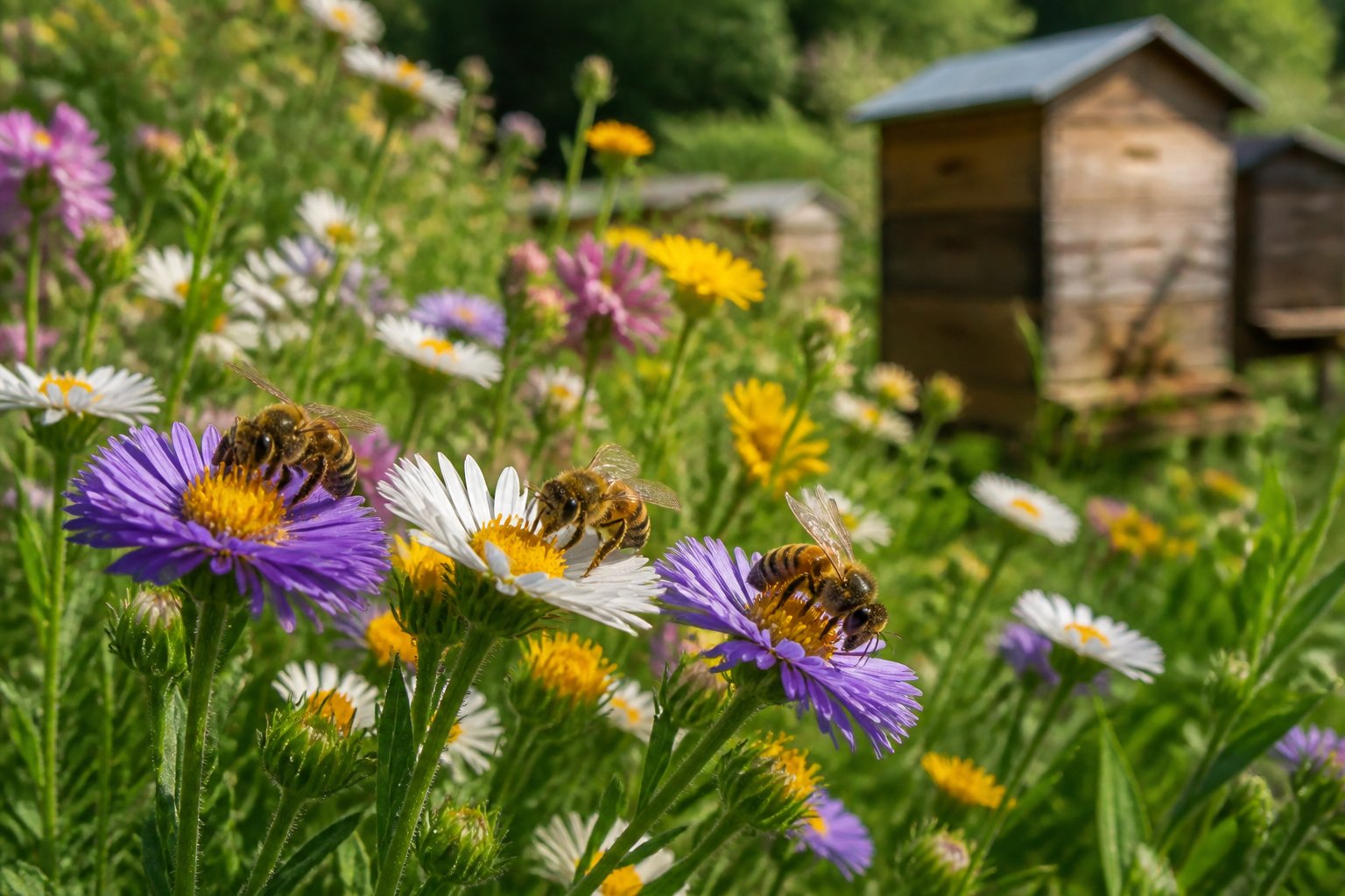 Close-up of honeybees collecting nectar from wildflowers in a green meadow with wooden beehives blurred in the background.