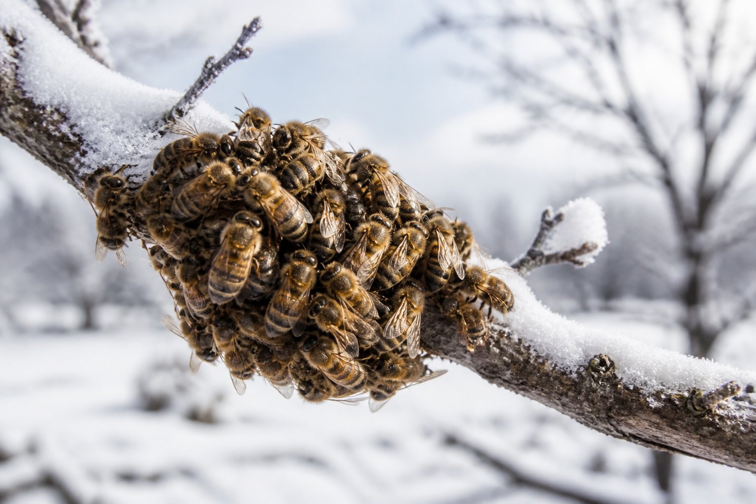 A cluster of honeybees huddled together on a snow-covered tree branch in winter.