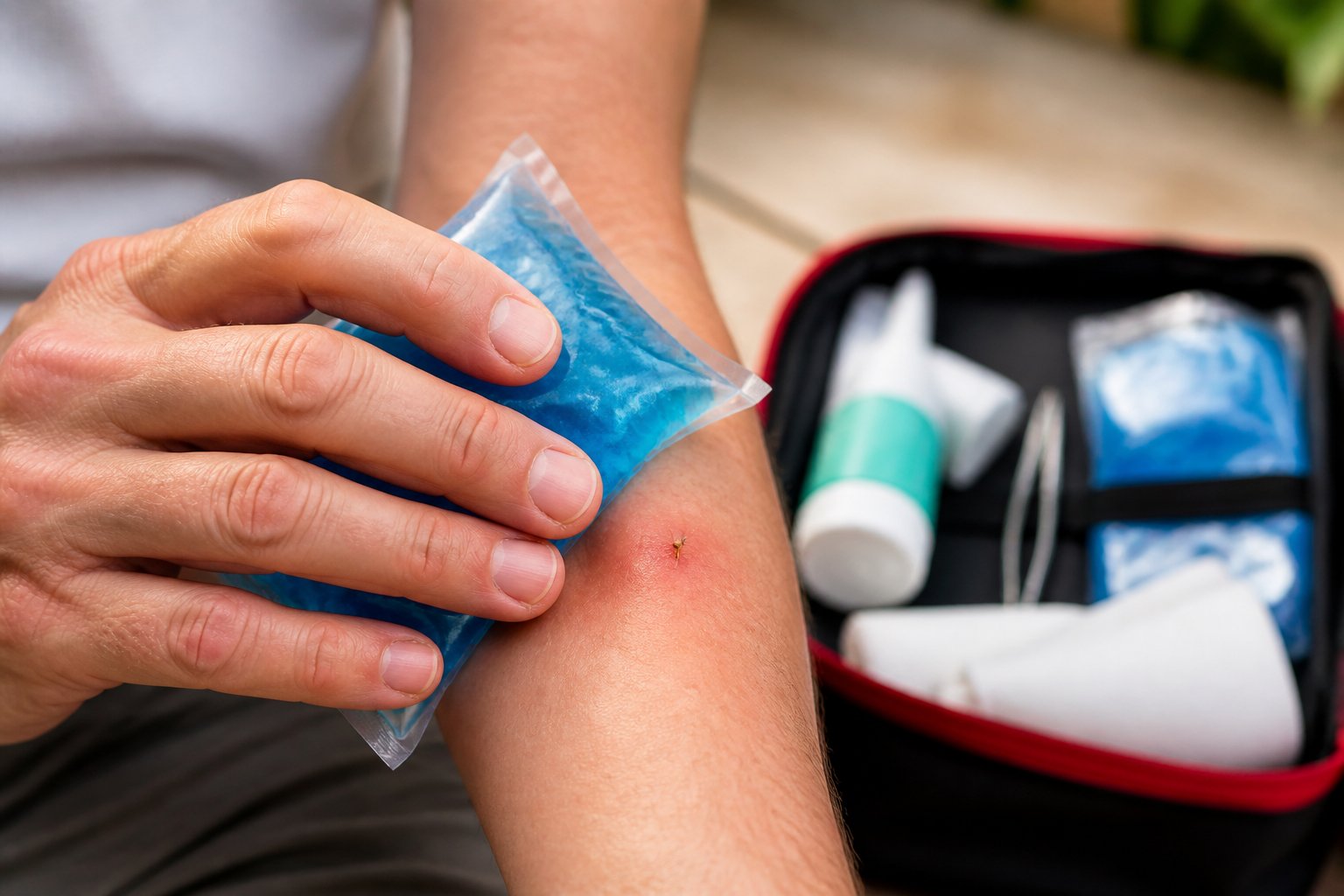 A person applying a cold compress to a bee sting on their forearm with a first aid kit nearby.