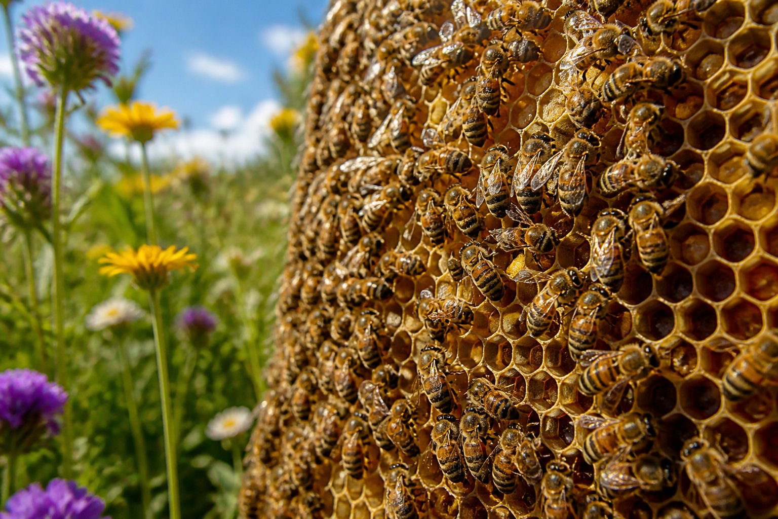 Close-up of a busy beehive with many honeybees working on honeycomb surrounded by wildflowers.