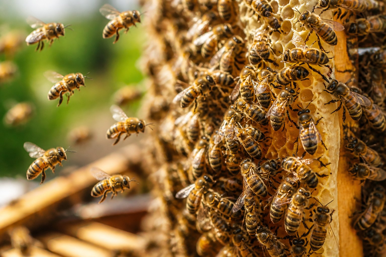 Close-up of many honeybees working on a honeycomb with a small amount of honey visible.