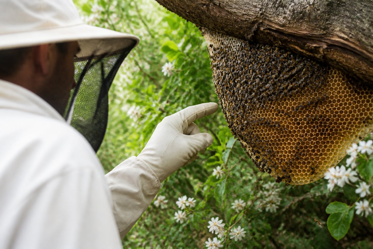 A person observing a bee nest attached to a tree branch with bees flying around in a natural outdoor setting.