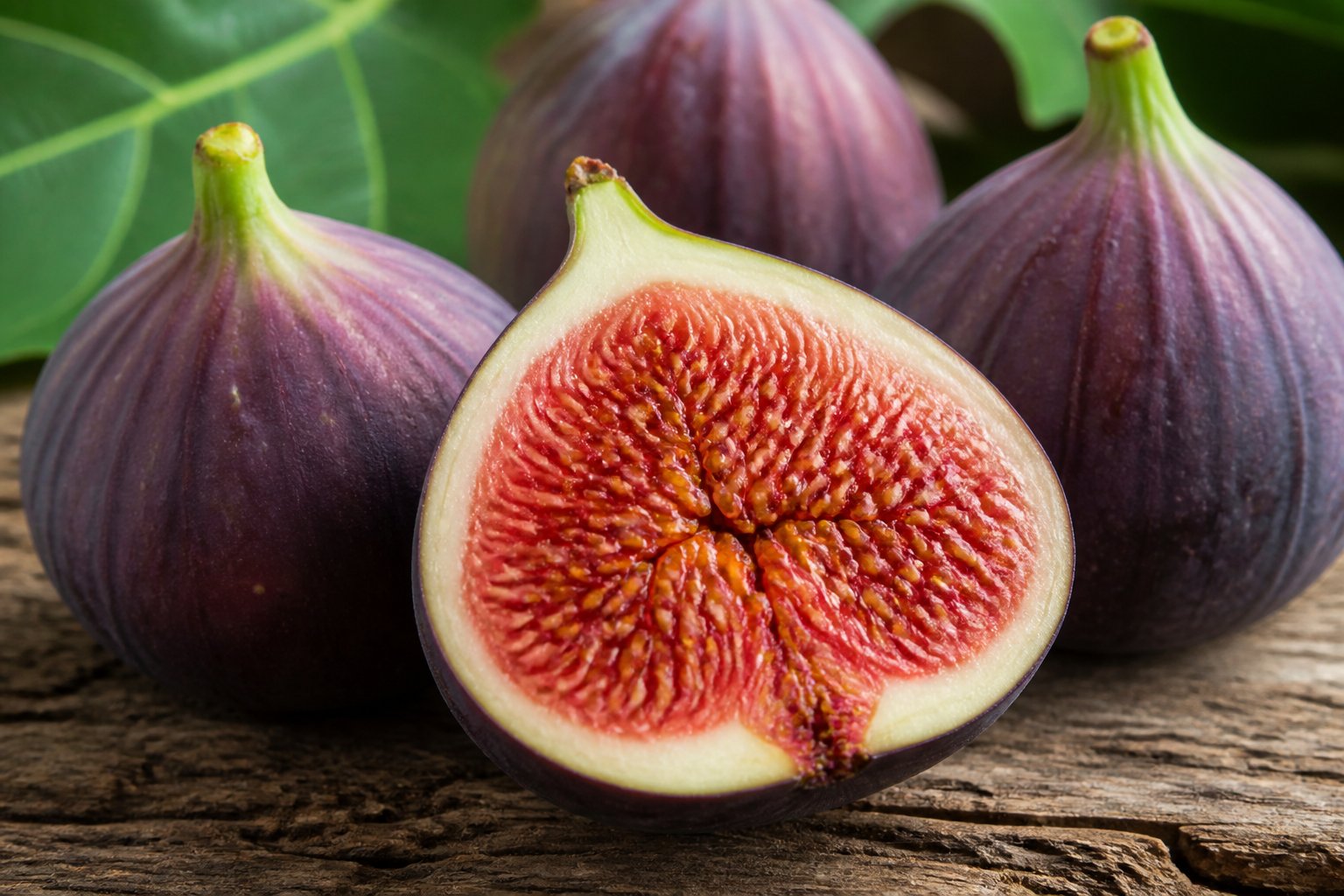 Close-up of a ripe fig cut open to show its detailed interior with seeds, placed on a wooden surface with fig leaves in the background.