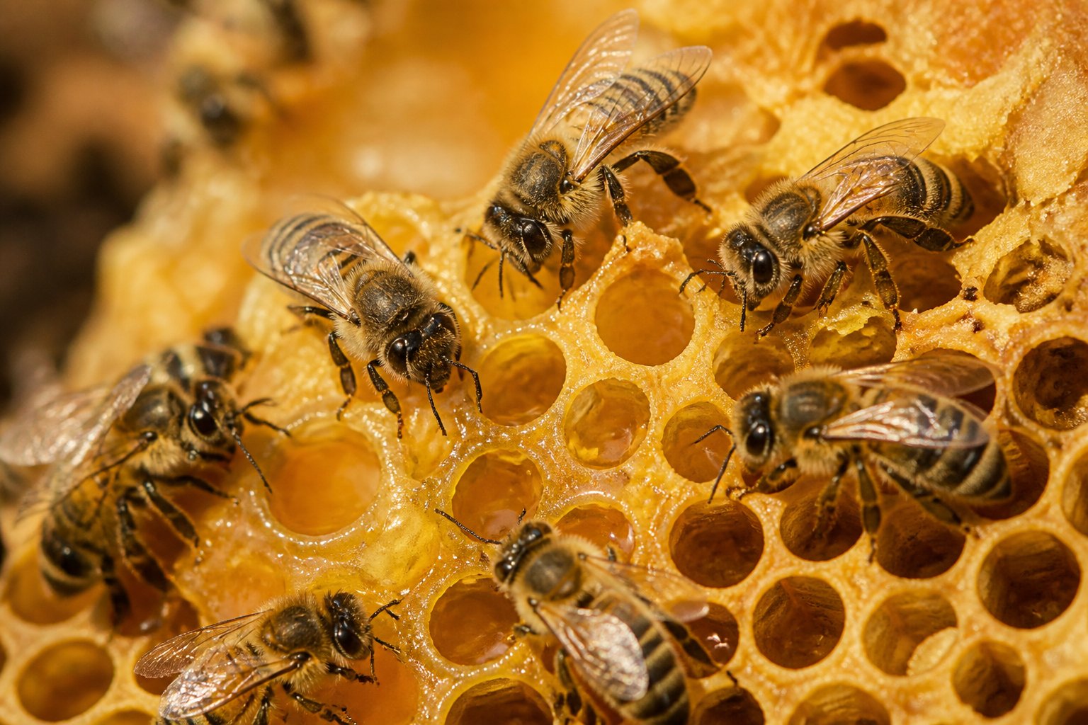Close-up of honeybees gathering nectar on honeycomb filled with golden honey.