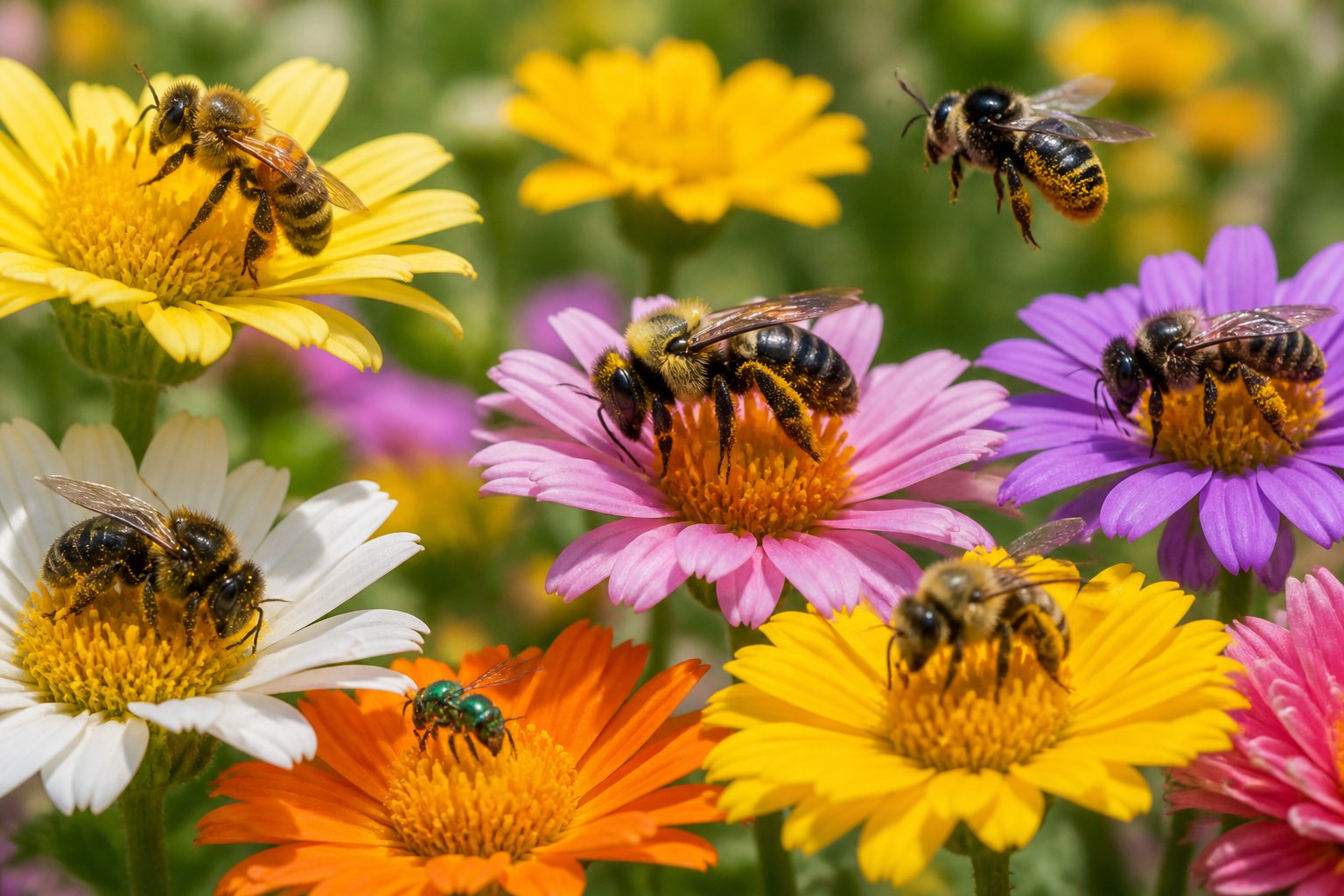 Close-up of honey bees and other bees pollinating colorful flowers in a sunlit garden.