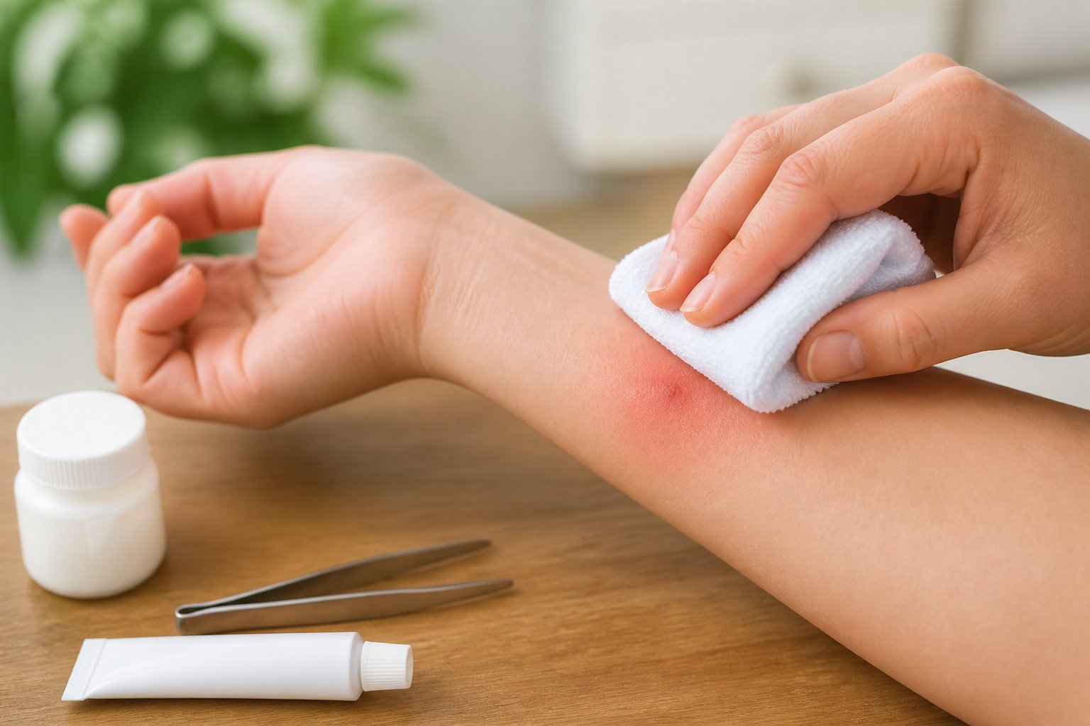 A close-up of a person applying a cold compress to a red sting on their forearm with antiseptic cream and tweezers nearby on a table.