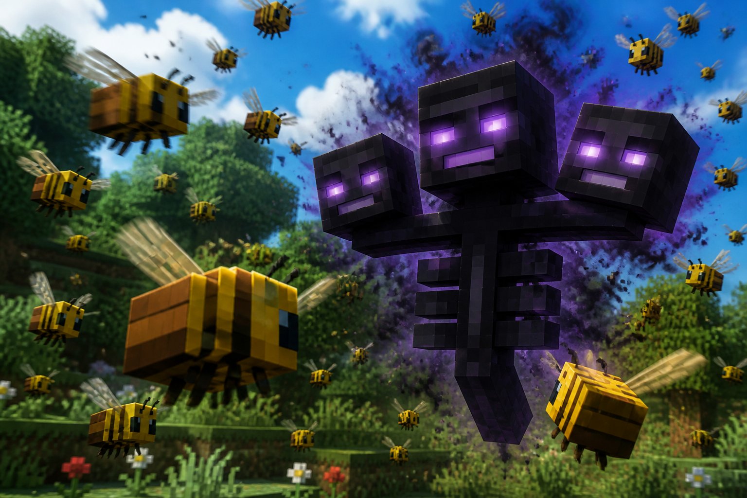 A swarm of bees flying aggressively around a large three-headed creature in a green outdoor setting.