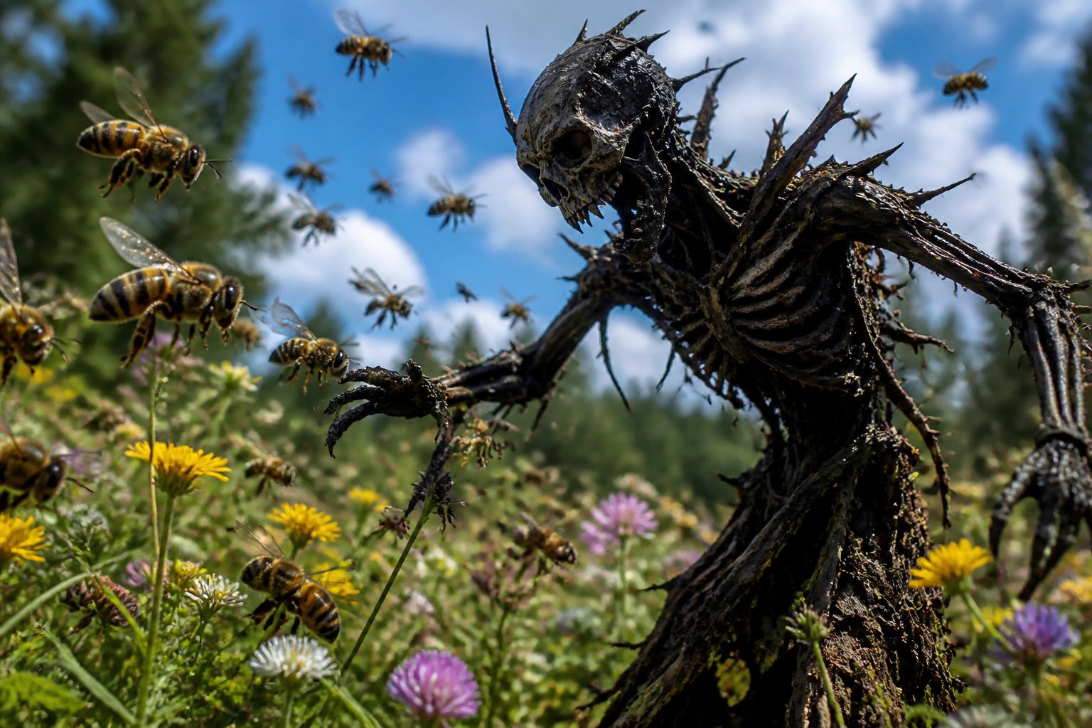 A group of bees flying around a dark, skeletal plant-like creature in a sunlit meadow with wildflowers.