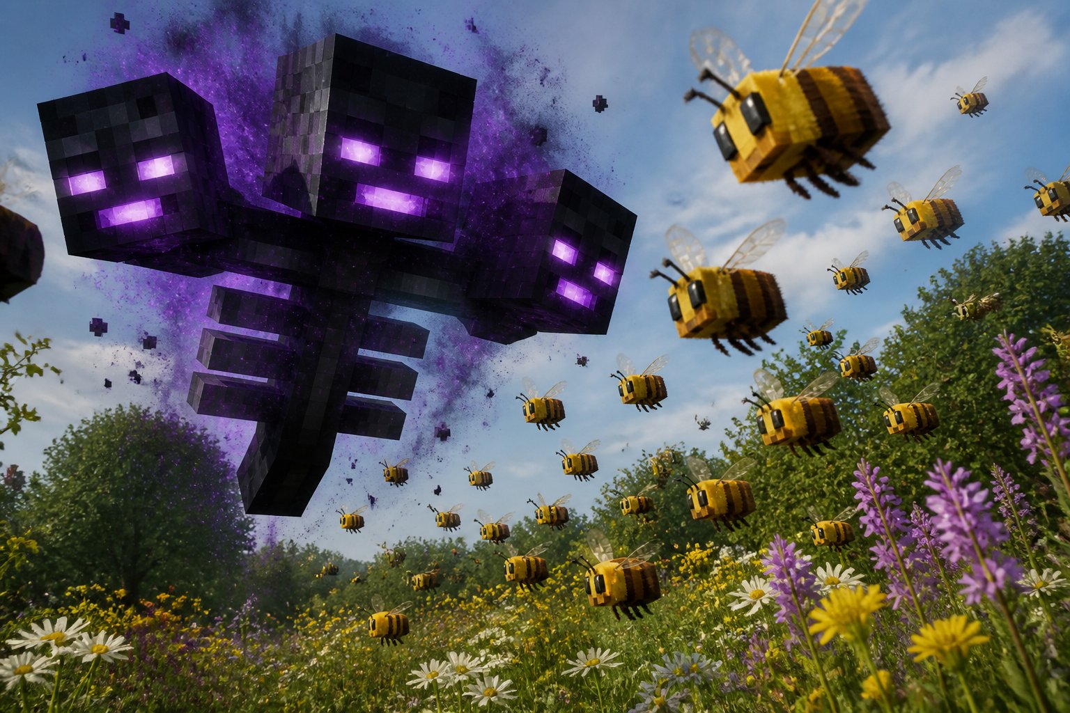 A swarm of bees flying near a dark three-headed skeletal creature hovering over a green field with flowers under a blue sky.