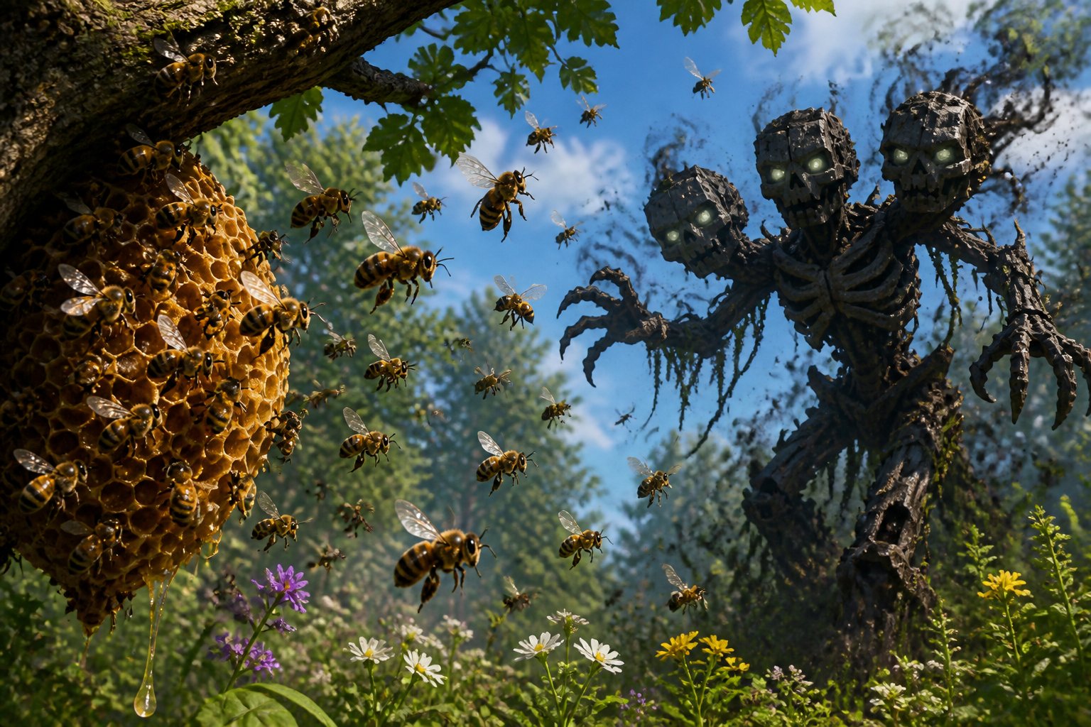 A swarm of bees defending their hive on a tree branch against a dark, skeletal creature in a green outdoor setting.