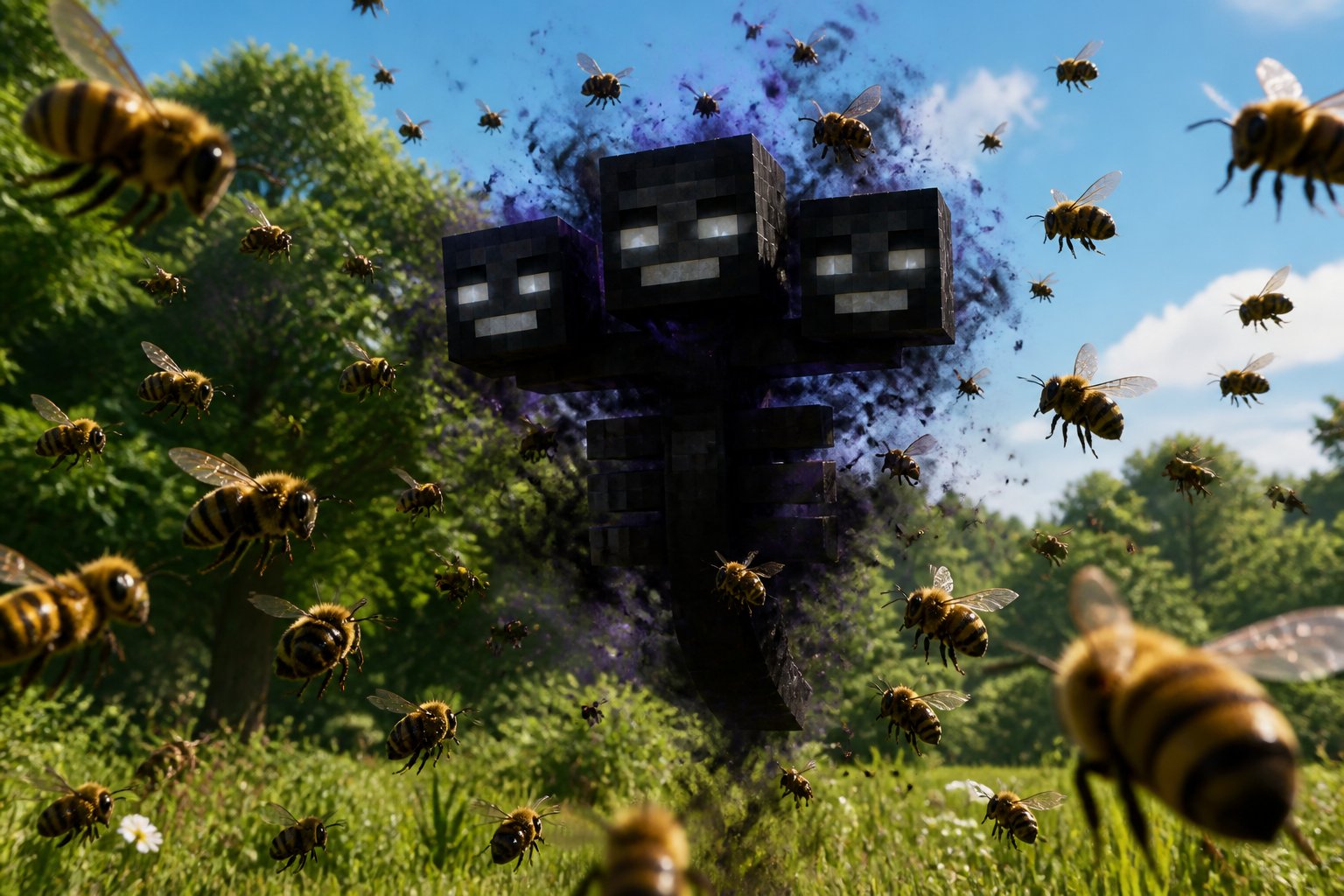 A swarm of bees flying around a dark three-headed Wither mob in a forest clearing.