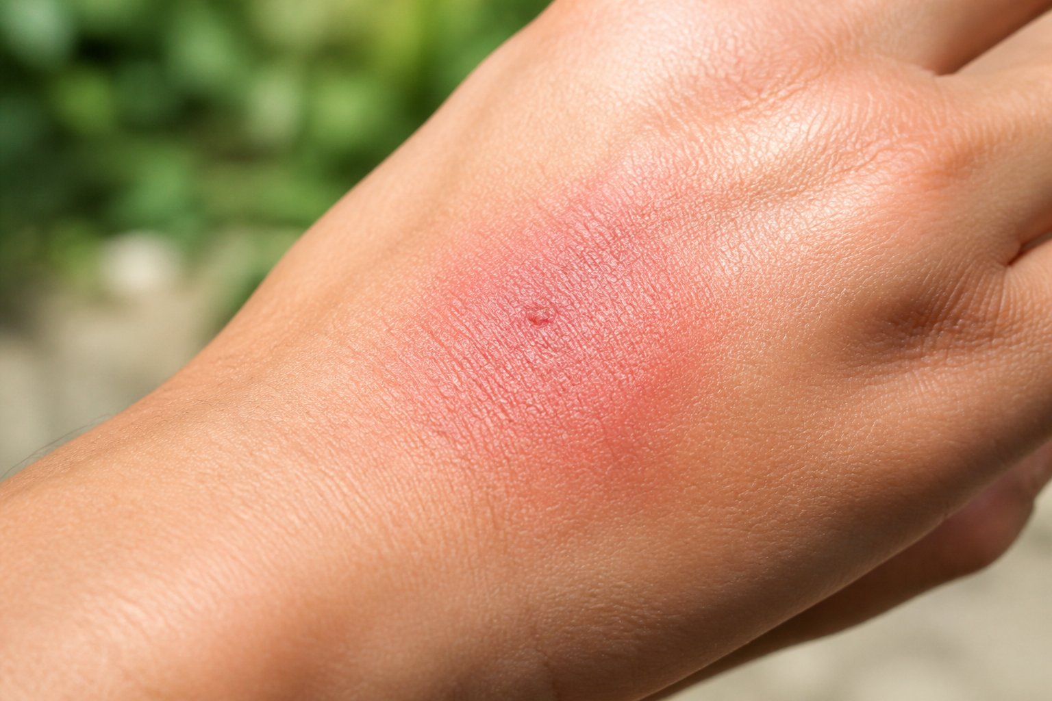Close-up of a hand with a red, swollen bee sting on the skin.