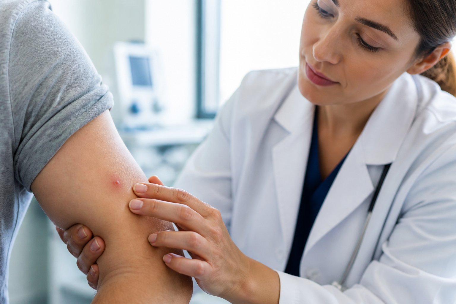 A healthcare professional examining a person's arm with a small red bee sting mark in a medical office.