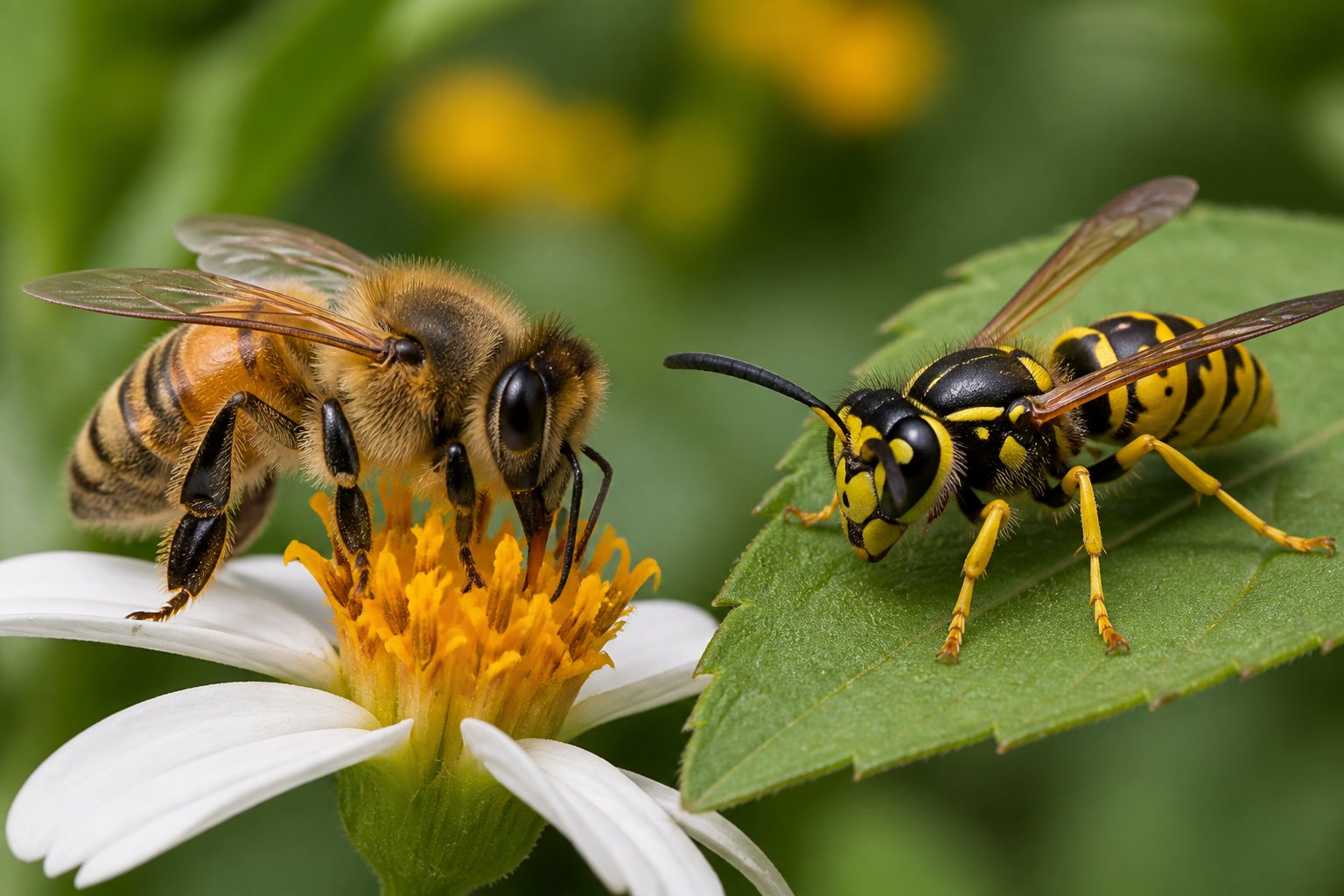 Close-up of a bee on a flower and a yellow jacket on a leaf, showing their distinct colors and body shapes.