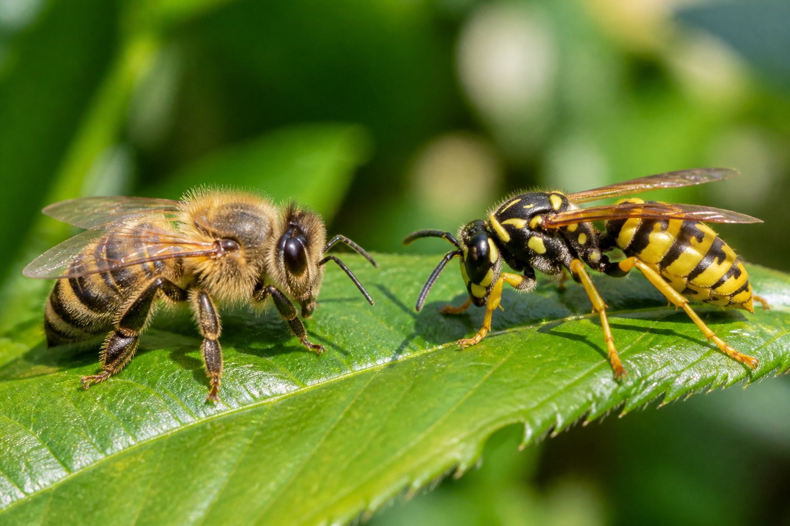 A close-up of a bee and a wasp facing each other on a green leaf outdoors.