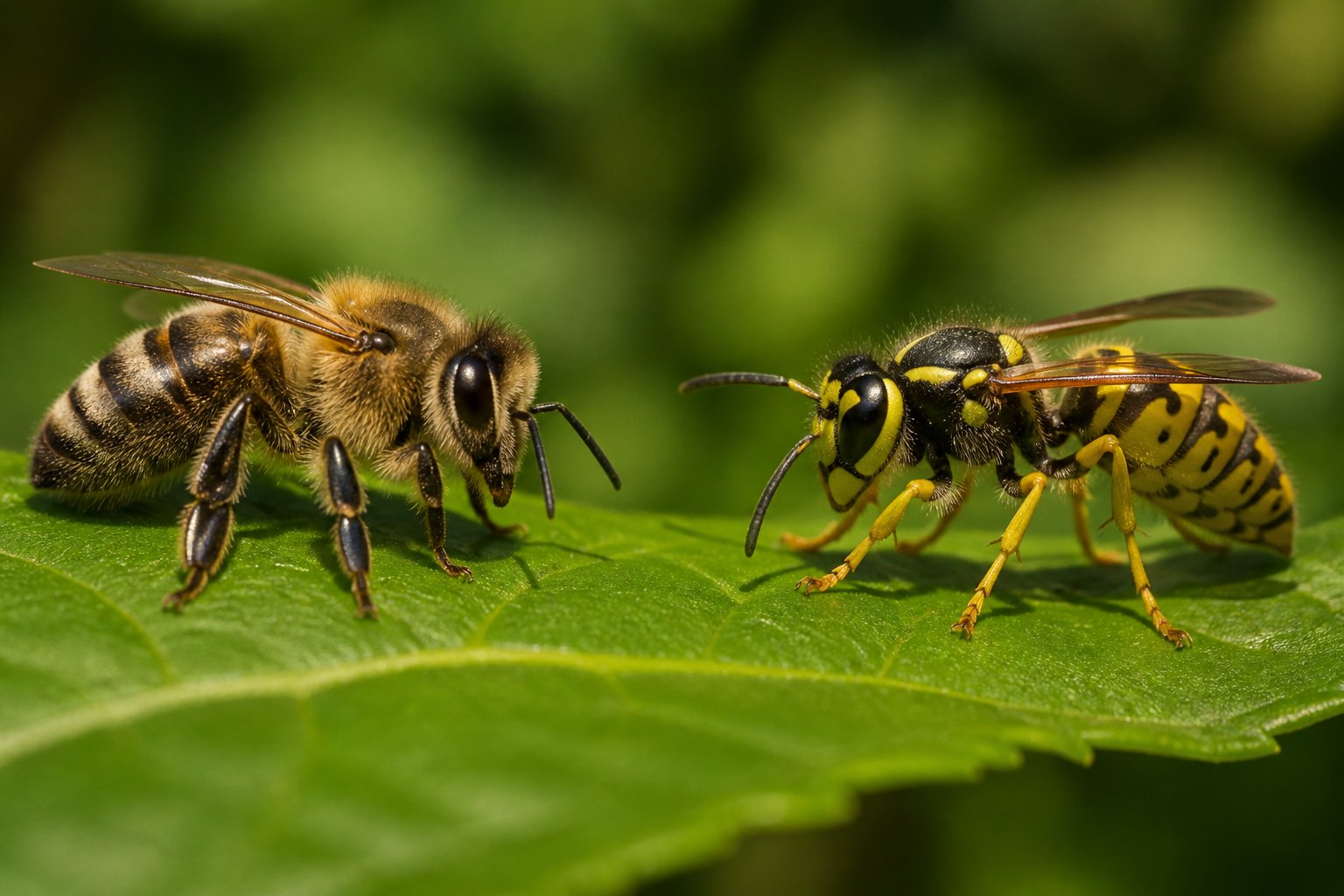 Close-up of a bee and a wasp facing each other on a green leaf.