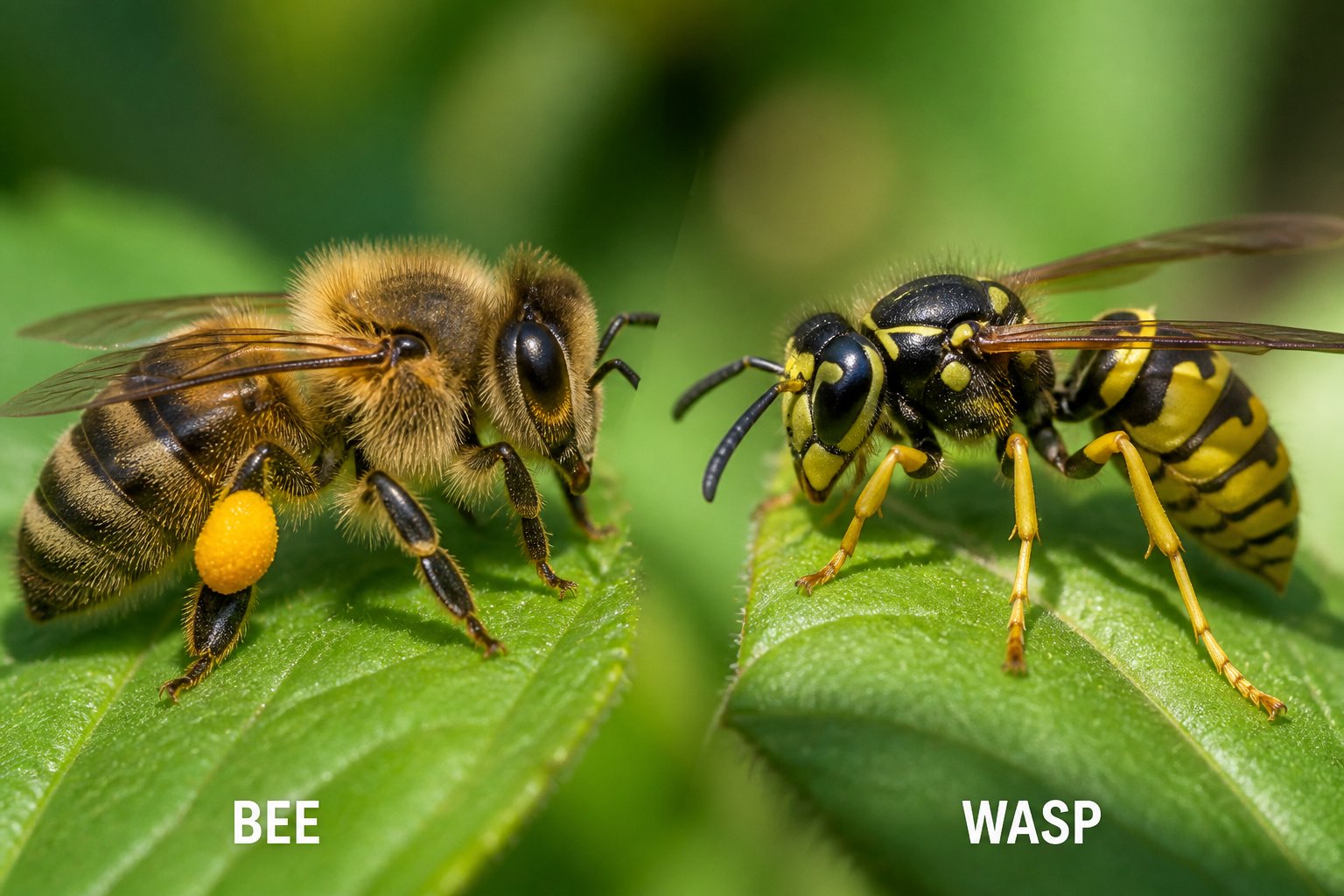 Close-up of a bee and a wasp side by side on green leaves, showing their different body shapes and colors.
