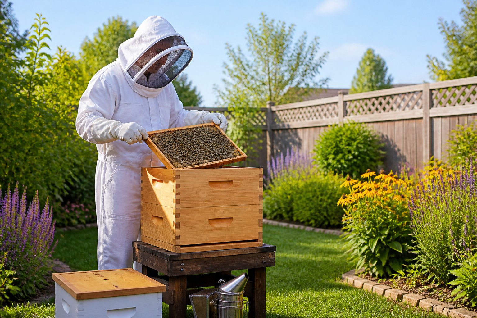 A person in a beekeeping suit inspecting a wooden beehive in a backyard garden.
